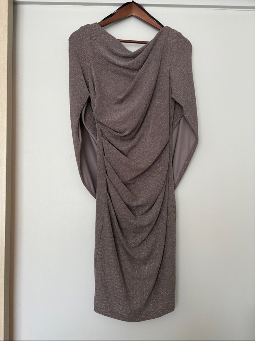 Betsy & Adam Shimmery Taupe Draped Long-Sleeve Cocktail Dress